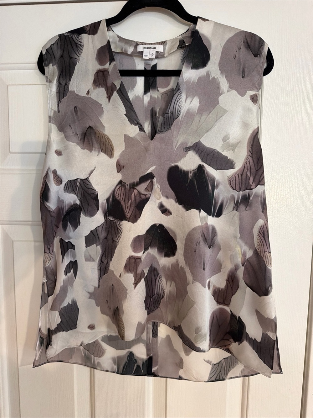Helmut Lang 100% silk v neck tank sz S. Grey/blk/white abstract print